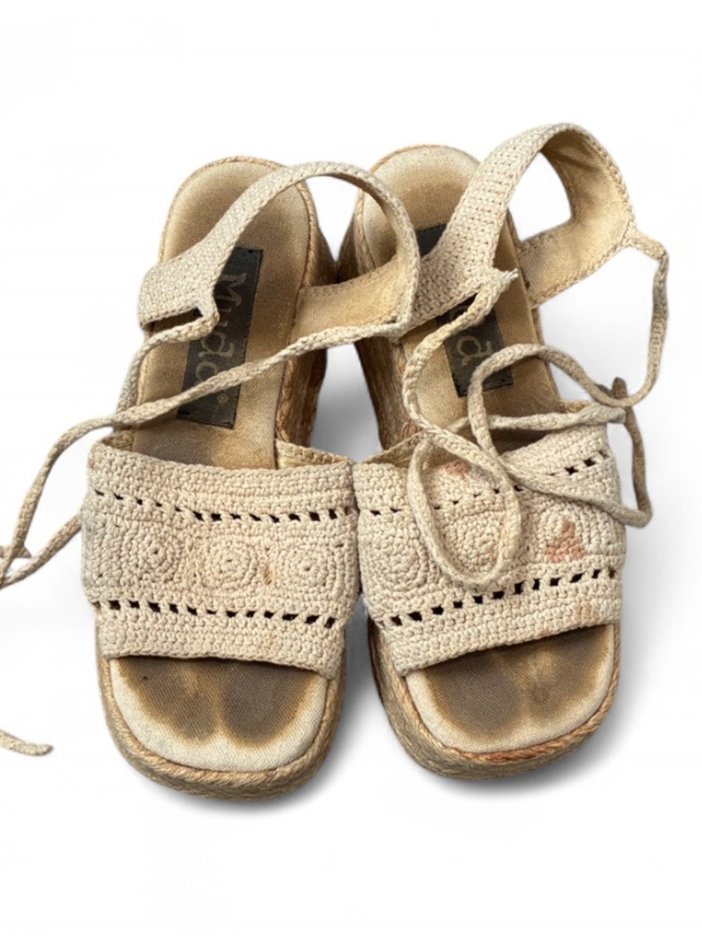 Vintage Mudd Beige Crochet Tie Ankles Platform Sandals